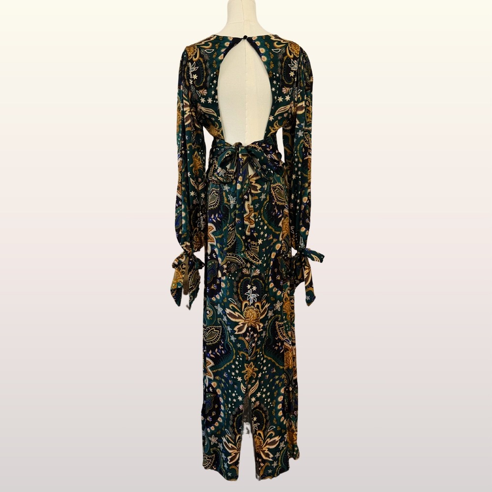 NWT Farm Rio Jaipur Black Maxi Dress Medium Green Paisley Open Back Long Sleeve - Picture 4 of 13